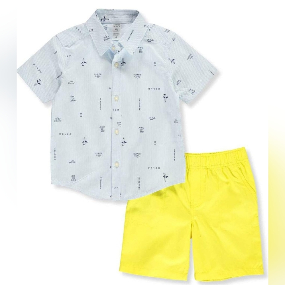 🎉5/$20 NWT Carters Toddler Boy Airplane Button Down Shirt Yellow Shorts Set